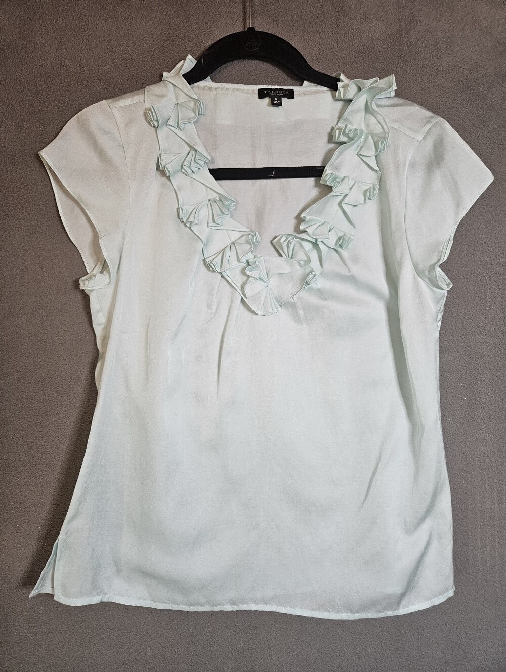 Talbots Womens 6 Silk Mint Green Camisole Tank Ruffle Vneck Croquet Sheer Top